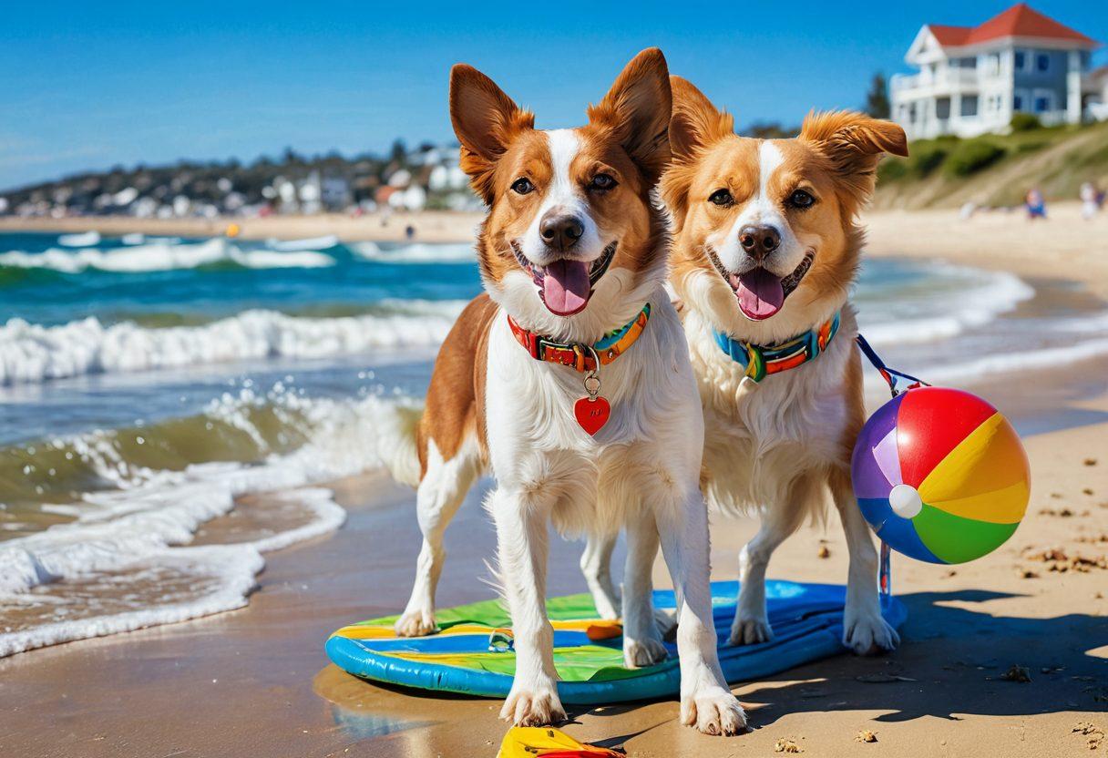 A stylish dog wearing a vibrant summer outfit, splashing in a sunny beach setting, surrounded by colorful beach toys and accessories. Include a playful owner enjoying the moment with a matching bright outfit, with a backdrop of clear blue skies and gentle waves. Capture the fun and joy of summer, emphasizing the bond between the dog and its owner. super-realistic. vibrant colors. beach atmosphere.