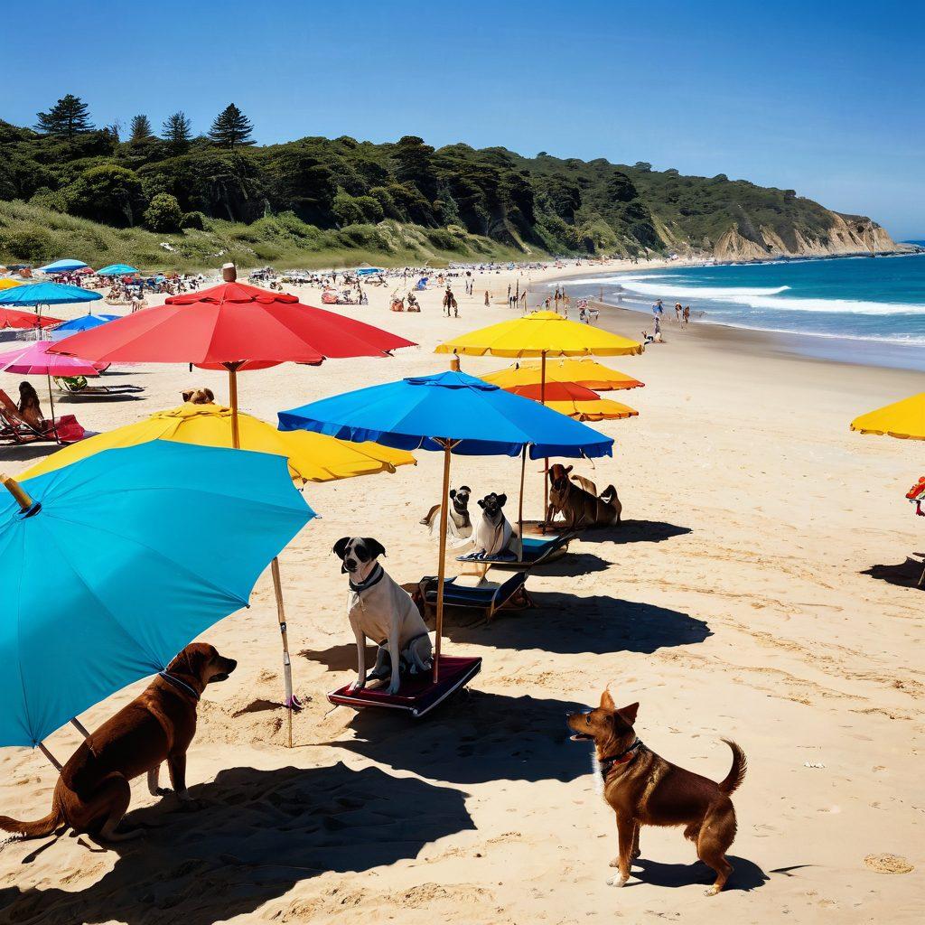 A vibrant beach scene featuring playful dogs and their owners enjoying a sunny day at the beach, showcasing an array of stylish beachwear for both humans and pups. Include colorful beach umbrellas, surfboards, and bowls of water for the dogs, while the beach is dotted with footprints in the sand. Capture the joy, energy, and companionship in this summer paradise. bright colors, playful vibe, super-realistic.