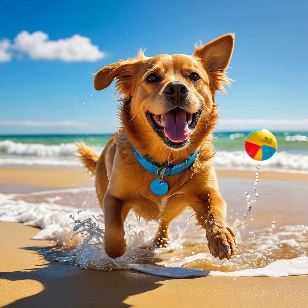 A joyful scene featuring a playful dog wearing colorful beachwear, splashing in the waves at a sunny beach. Surrounding the dog, there are vibrant beach accessories like frisbees, beach balls, and towels, enhancing the fun atmosphere. The background showcases golden sand and clear blue skies, conveying the perfect summer day. The image should evoke feelings of happiness and adventure. super-realistic. vibrant colors. beach vibe.